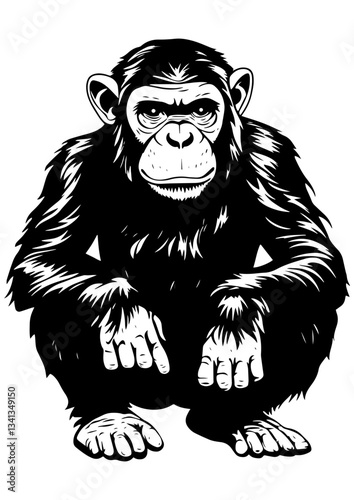Black and white vector monkey illustration. Gorilla, macaque, wild animal. Line art for tattoo, logo, engraving, laser cutting, and design projects