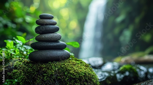 Fototapeta Naklejka Na Ścianę i Meble -  Balanced serenity stones atop moss by a misty waterfall