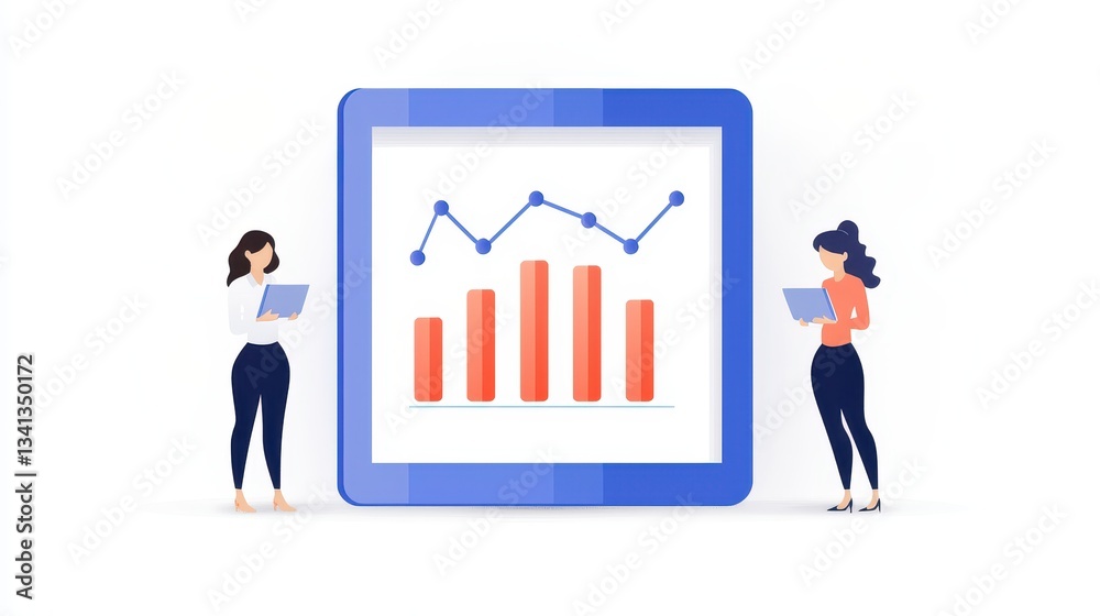 Two women analyze a graph displayed on a large screen, showcasing statistical data with bars and a line chart in a modern, digital setting. Two women analyze a graph displayed on a large screen, showcasing statistical data with bars and a line chart in a modern, digital setting.