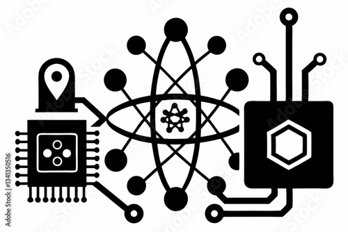 quantum computing line art silhouette vector illustration
