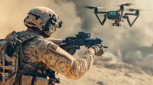Futuristic warfare depiction soldier utilizing drone technology in combat environment