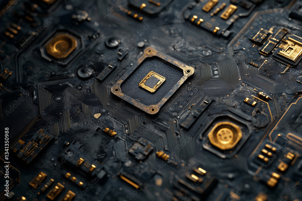a close up of a computer chip on a circuit board with many other electronic components around it and a bit of gold a close up of a computer chip on a circuit board with many other electronic components around it and a bit of gold