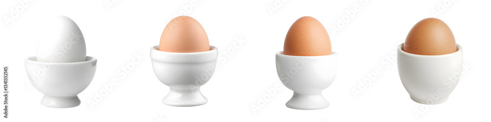 An assortment of freshly laid eggs in various shades of white and brown resting in simple minimalist ceramic egg cups on a table An assortment of freshly laid eggs in various shades of white and brown resting in simple minimalist ceramic egg cups on a table