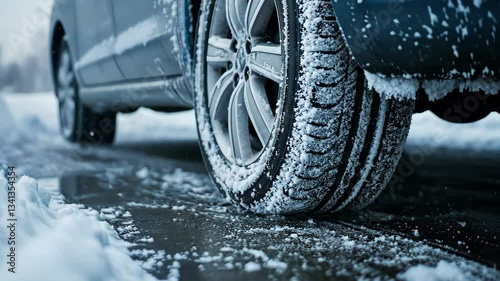 Winter driving conditions with a car navigating through snow-covered roads and icy surfaces in a chilly environment