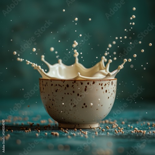 Dynamic splash of milk against a vibrant blue backdrop creating a striking visual contrast