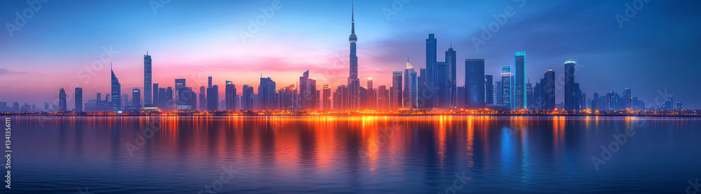 Obraz premium City skyline at dusk glows with an ethereal beauty, inspiring sense of wonder