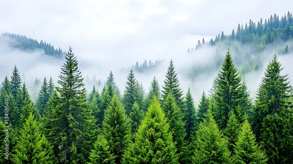 Fototapeta premium Misty Mountain Forest Lush Evergreen Coniferous Trees in Fog