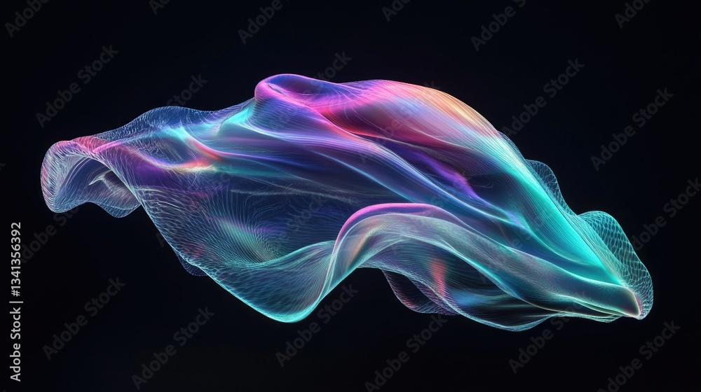 Fototapeta premium Futuristic 3D-rendered iridescent fluid shape, glowing with shifting colors against a dark black background.