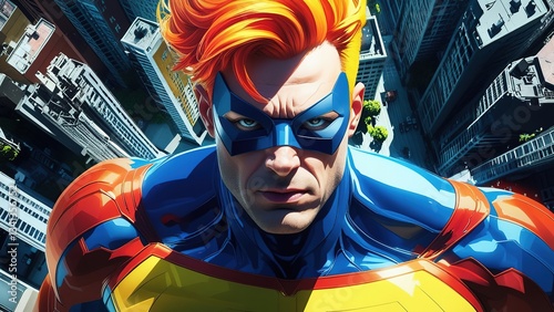 Dynamic Superhero Soaring Above a City Skyline With Vibrant Orange Hair and Striking Blue Costume During Daylight
