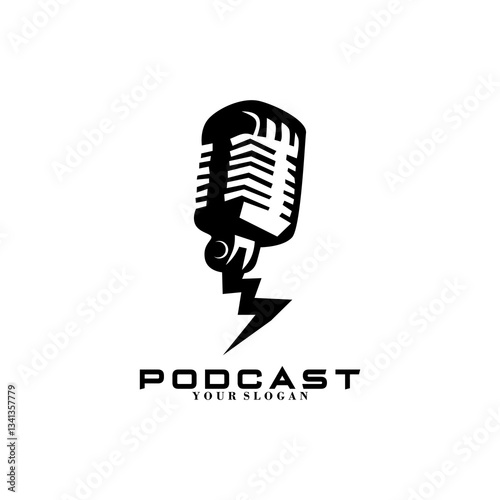 Podcast with microphone. Unique business podcast logo emblem design template.