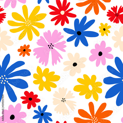 Black naive funny seamless pattern with cute colorful flowers