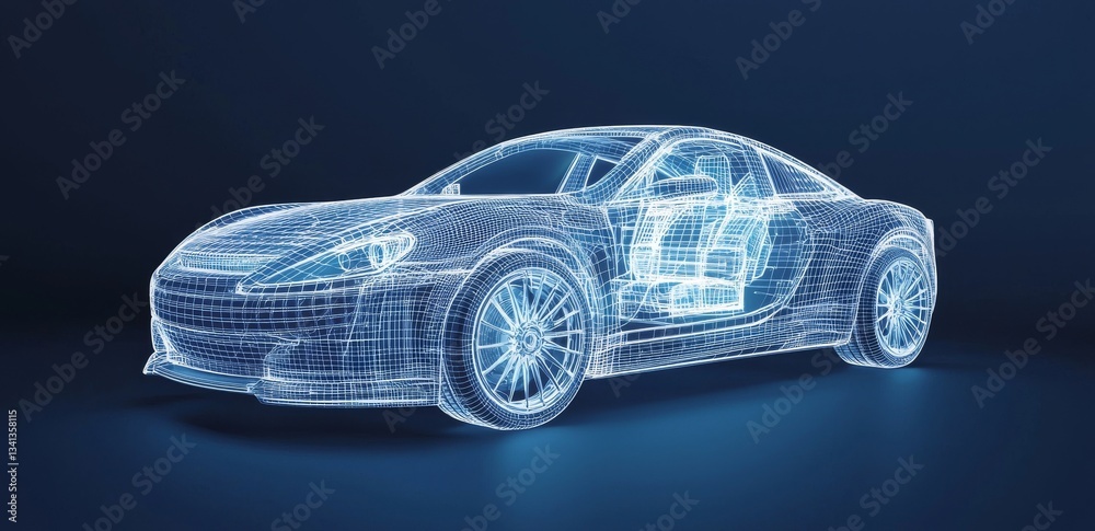 Naklejka premium Modern car wireframe with cutting-edge user interface elements showcased in a 3D illustration against a dark backdrop