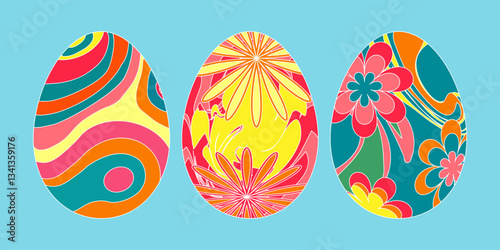 Set colorful groovy eggs with different texture Isolated Spring holiday Vector Illustration Cartoon Colored egg Paschal object collection Decorative elements Yellow pink green blue colors
