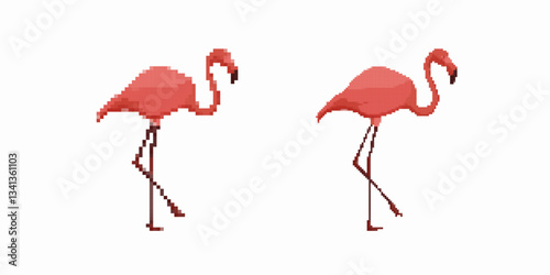 Two flamingos in pixel art style depicted walking. minimal details create a charming effect.