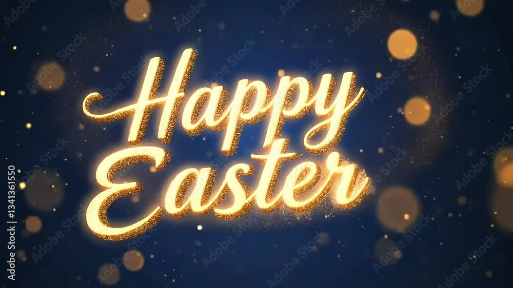 Festive Happy Easter text against a dark blue backdrop, shimmering with golden sparkles, evokes a celebratory mood