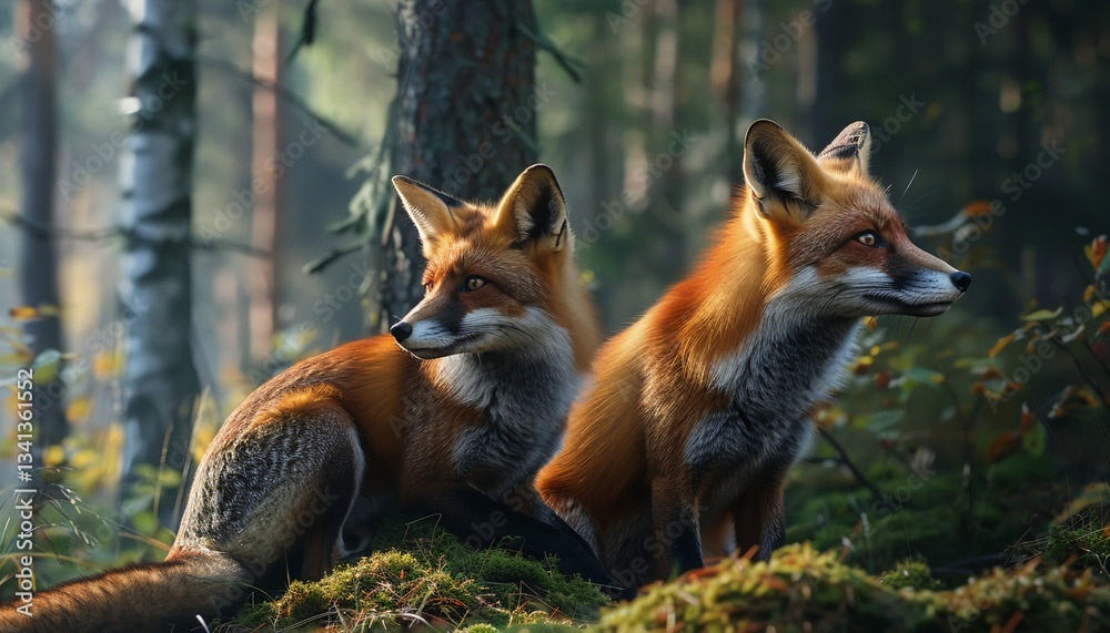 Red foxes in their natural forest habitat Red foxes in their natural forest habitat
