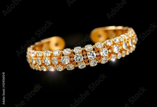 Gleaming gold bracelet, diamonds sparkle on black background, accessory, glamour