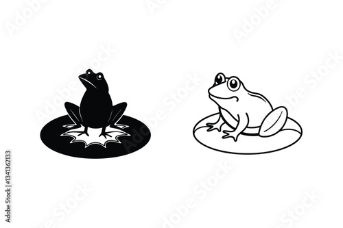 Two Frog Illustrations Silhouette and Line Art on Lily Pads