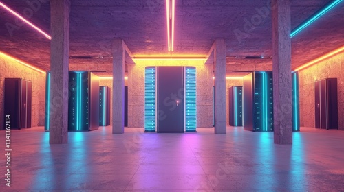 In a 3d illustration, a data center or Internet service provider's server room features glass panels behind which data servers facilitate the flow of digital information and high speed digital lines