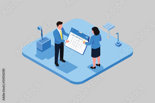 Flat 3D illustration Isometric interior of hospital room. Doctors treating the patient. Isometric flat 3D concept interior of airport check-in.