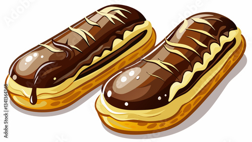 Photorealistic chocolate éclairs with glossy dark chocolate and white drizzle on a white table surface, featuring creamy custard filling and soft