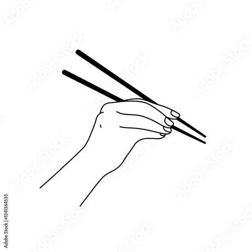 Asian dining illustration: Artistic line drawing of a hand skillfully holding chopsticks, ready to enjoy a delicious meal, emphasizing the elegance and precision of the gesture.