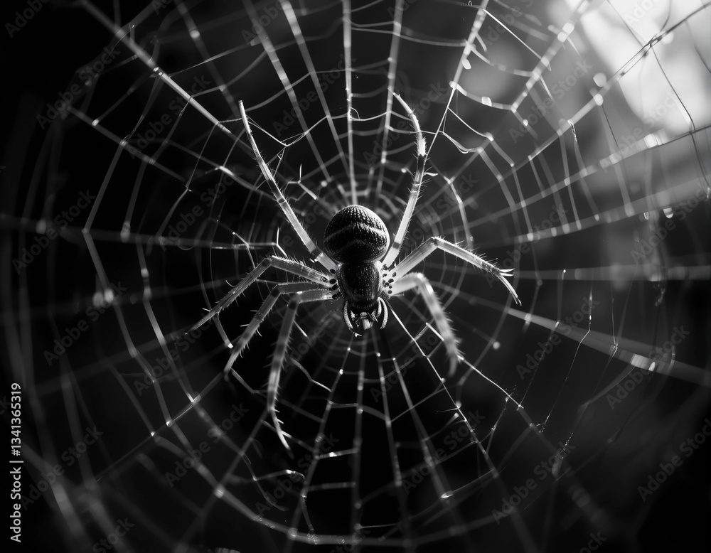 Fototapeta premium Dramatic Black and White Spider in Web – Dark Shadows Photography