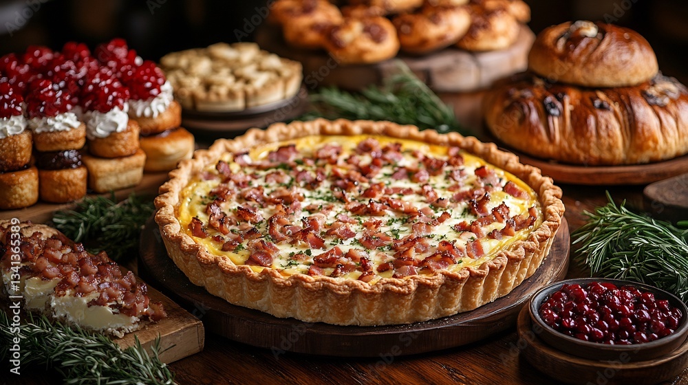 Savory quiche Lorraine a buttery crust filled with eggs cheese and bacon served on a bakery table with a rustic setting surrounded by other savory bakery items Savory quiche Lorraine a buttery crust filled with eggs cheese and bacon served on a bakery table with a rustic setting surrounded by other savory bakery items