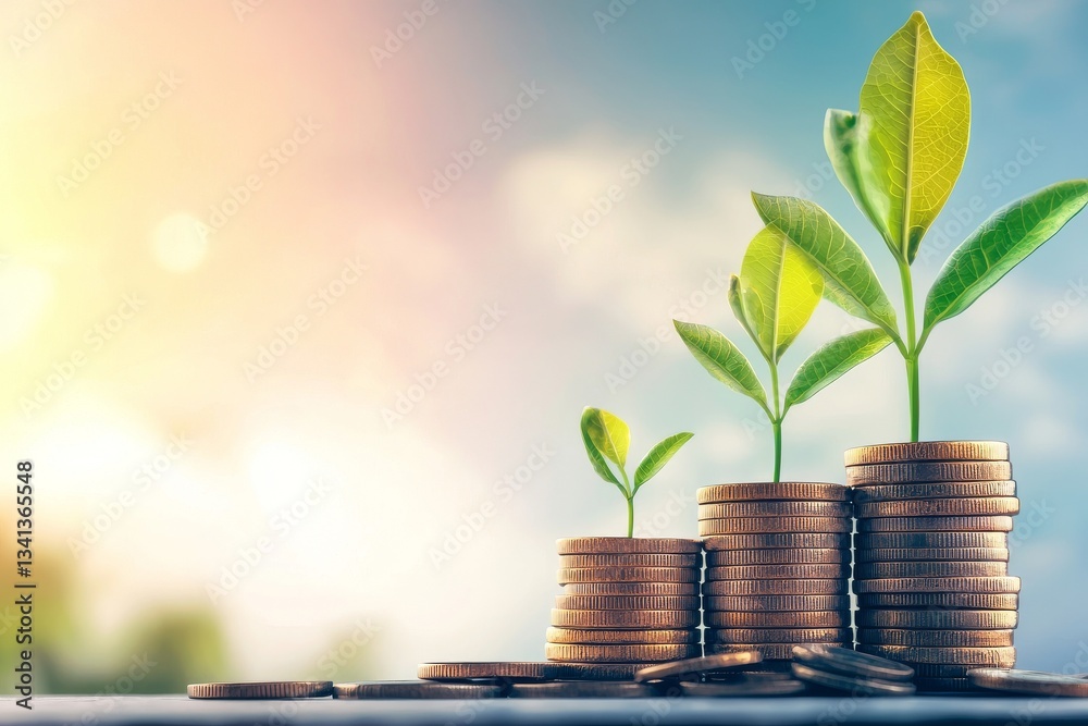 Young plants growing and coins piling up serve as a metaphor for pension funds, 401K, passive income, investments, and retirement, highlighting the importance of savings, generating wealth, business Young plants growing and coins piling up serve as a metaphor for pension funds, 401K, passive income, investments, and retirement, highlighting the importance of savings, generating wealth, business