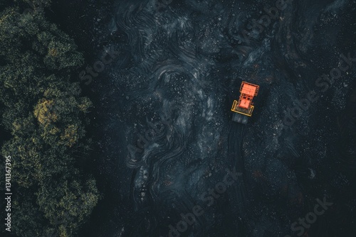 Overhead perspective of a Polish black coal mine, showcasing an industrial area from a high vantage point, highlighting heavy industry from the top