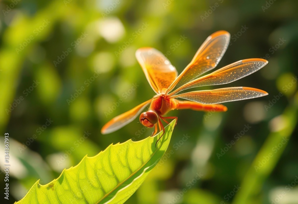 Graceful orange dragonfly with translucent wings delicately perched on a leaf in a sunlit natural setting, garden, dragonfly wings
