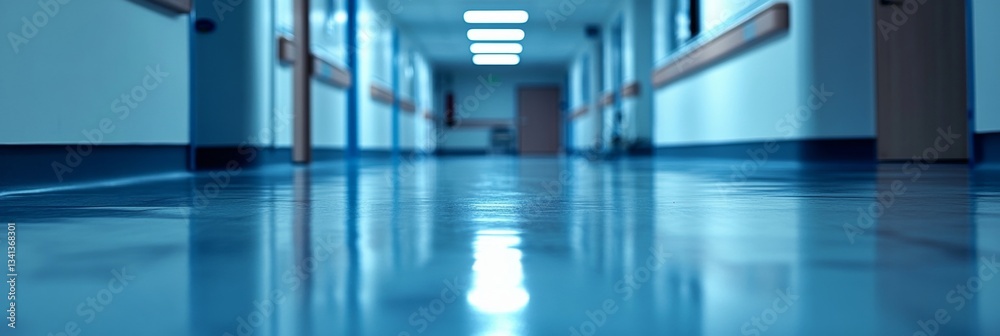 Fototapeta premium Blurred Lights Of An Empty Hospital Corridor, Sterile Interior Design And Waiting Area.