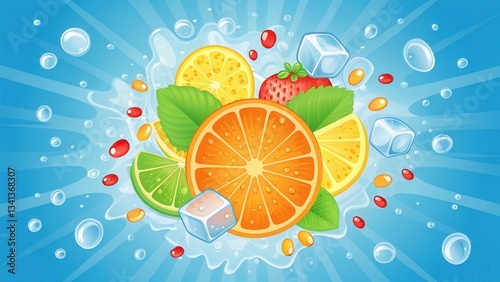 Vibrant illustration of fresh fruits splashing in water with ice cubes and colorful candies.