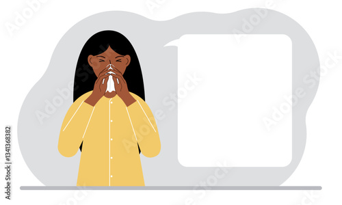 A woman covers his nose with his hands with a handkerchief. The concept of a sick person, sneezing, seasonal allergies, bad smell. Vector flat illustration.