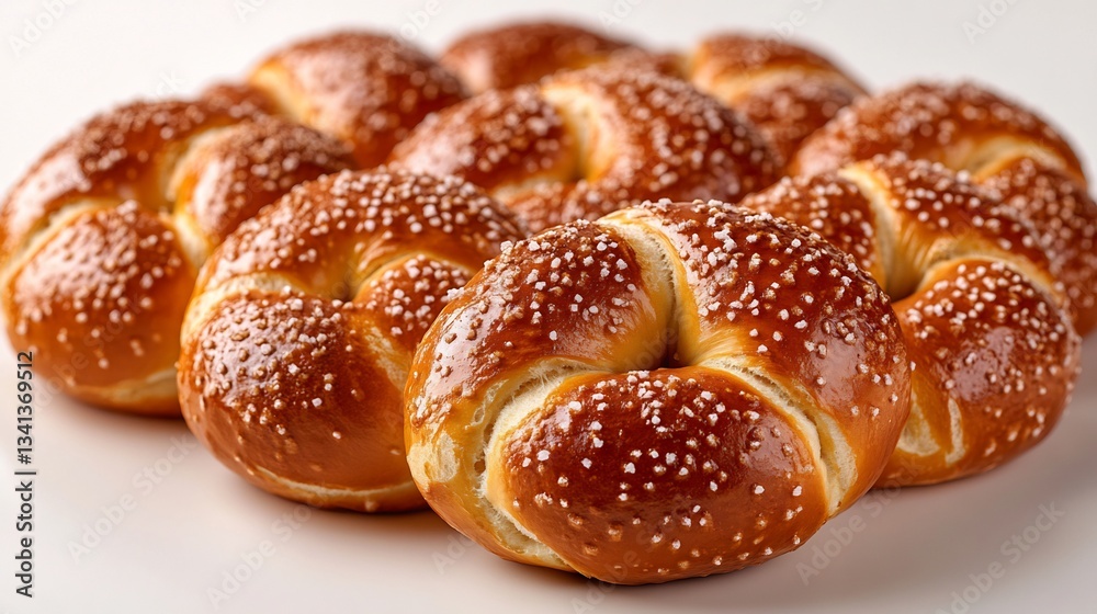 Soft chewy pretzels with a golden brown crust and sprinkled with sea salt isolated on a clean white surface a savory and popular bakery item Soft chewy pretzels with a golden brown crust and sprinkled with sea salt isolated on a clean white surface a savory and popular bakery item