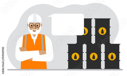 Oil barrels and a smiling oilman. Oil industry and worker or engineer in special clothes and helmet. Vector flat illustration