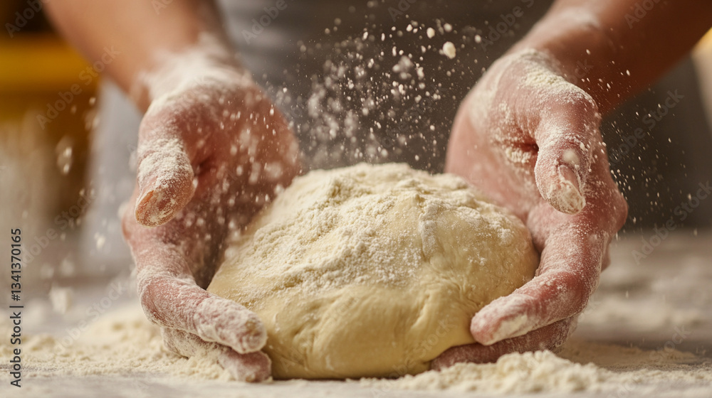 Fototapeta premium Bakerâs Dough in Hand: Hands kneading soft dough, flour dusting the fingers, capturing the joy of baking.