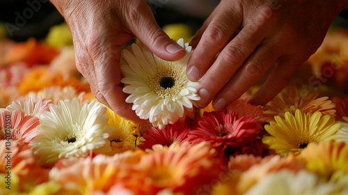 Floristâs Touch: Hands carefully arranging a bouquet, soft petals and vibrant colors in perfect harmony.