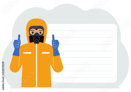 A man in a yellow radiation protective suit and a helmet with a respirator, chemical or biological safety uniform. Vector flat illustration.
