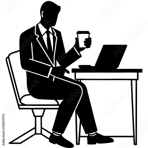 Silhouette of a businessman sitting at a desk, multitasking while using a smartphone