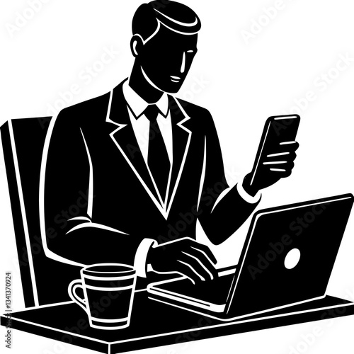 Silhouette of a businessman sitting at a desk, multitasking while using a smartphone