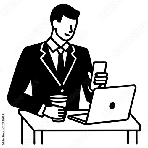Silhouette of a businessman sitting at a desk, multitasking while using a smartphone