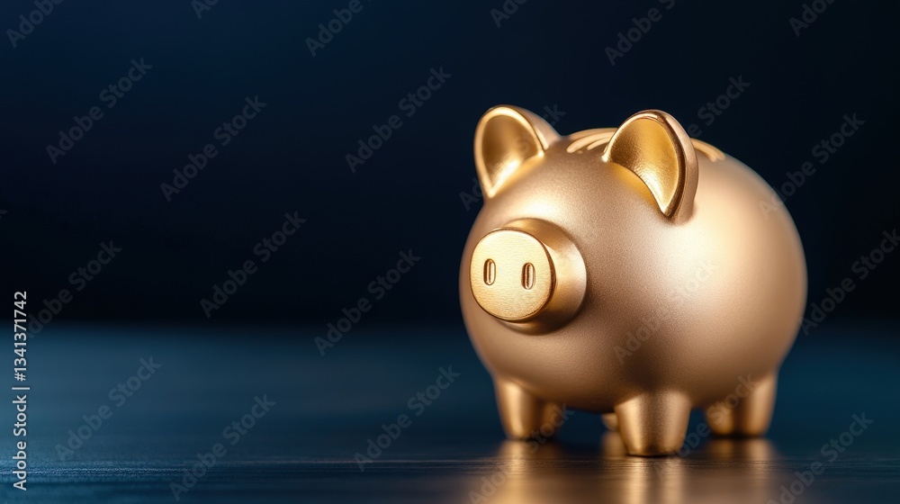 Fototapeta premium A shiny gold piggy bank sits on a dark surface, symbolizing savings and financial planning.