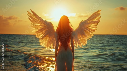 Angelic figure with wings stands facing ocean at sunset