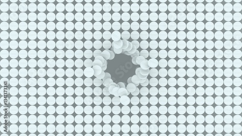 3d rendering of white medical pills forming a structured pattern with a broken hole in the center revealing an empty space
