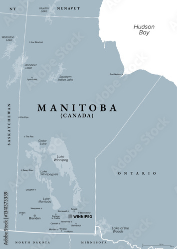 Manitoba, a province of Canada, gray political map with boundaries, largest cities and lakes. Located at the longitudinal centre of the country, with Winnipeg as capital and largest city. Vector