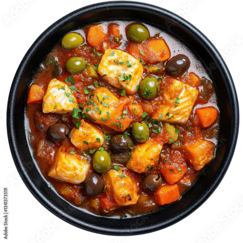 Exquisite Fish Stew: A Medley of Flavors in a Bowl with Olives, Carrots, and Tomato Sauce - A Culinary Masterpiece for Your Senses!