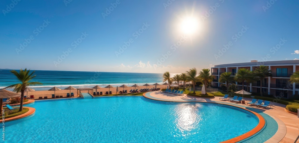 Sun-drenched resort pool adjacent to tranquil beach, swimming pool, serene Sun-drenched resort pool adjacent to tranquil beach, swimming pool, serene