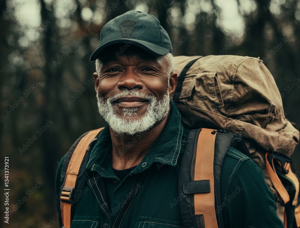Obraz premium In the forest, a happy senior black man hikes with his backpack, embracing sports and the great outdoors for health and wellness