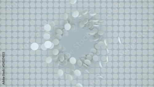 3d rendering of white medical pills forming a structured pattern with a broken hole in the center and scattered tablets floating around